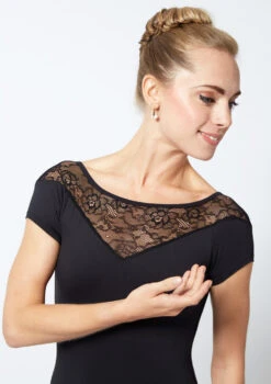 Move Dance Alana Cap Sleeve Lace Leotard -Capezi Dance Wear Shop MOL0625 BLK CLOSE UP FRONT 1 03232.1678884175