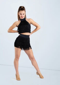 Weissman Fringe Mock Neck Crop Top -Capezi Dance Wear Shop MT9321 MT12611 black 0097 31781.1698840510