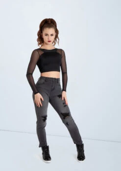 Weissman Lustre And Mesh Crop Top -Capezi Dance Wear Shop SH11480 black AH11504 black 1935 86372.1698450578