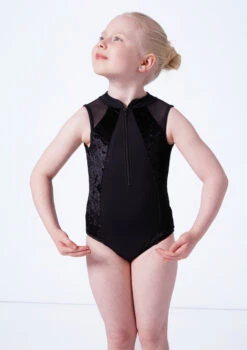 Bloch Girls Madinsson Zip Front Tank Leotard -Capezi Dance Wear Shop blcl1035 black close up front 94347.1675901673