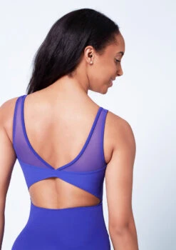 Mirella Open Back Chevron Rib Panel Leotard 16 Mirella Open Back Chevron Rib Panel Leotard -Capezi Dance Wear Shop mim3107lm blue close up back 45409.1679927450