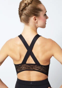 Move Dance Tulla Lace Cross Back Catsuit -Capezi Dance Wear Shop mo c0630 tulla lace cross back catsuit black front no1 60360.1678928380