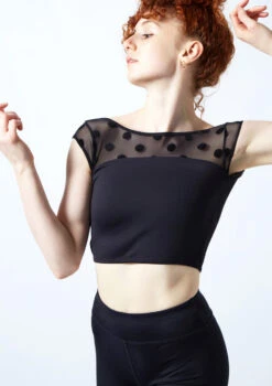 Move Dance Joelle Cap Sleeve Crop Top -Capezi Dance Wear Shop moz0623 black close up front 1 56244.1692921489